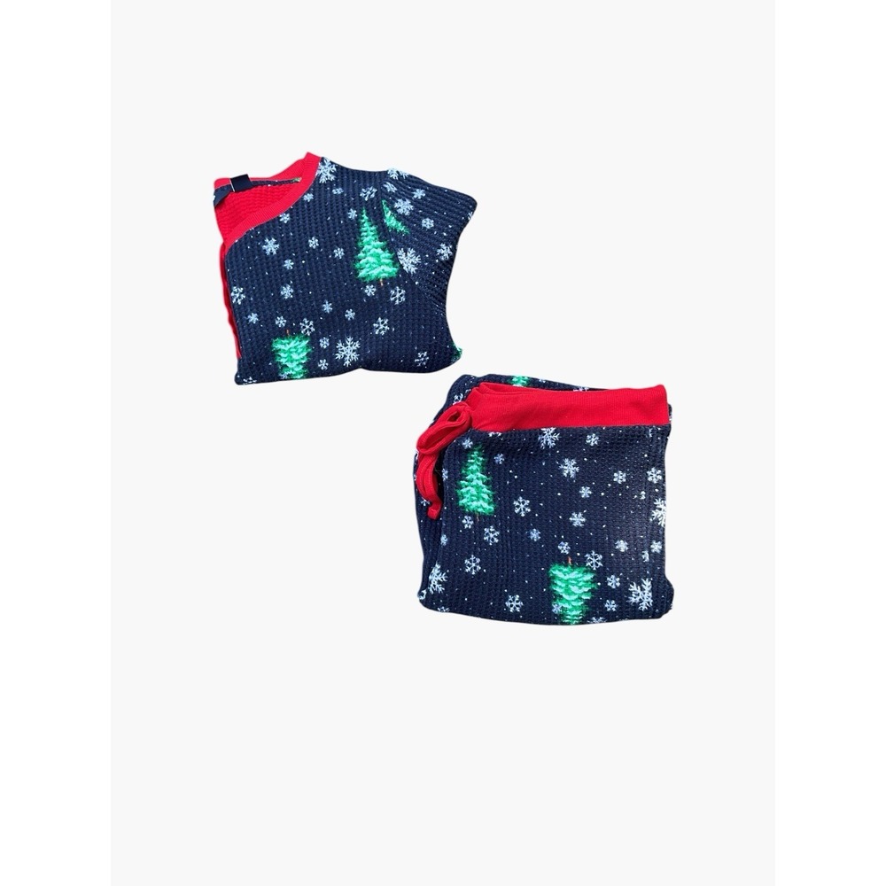 Women's EUC Lands End Pajama Set L Top XL Bottom Christmas Tree Waffle Knit PJ L